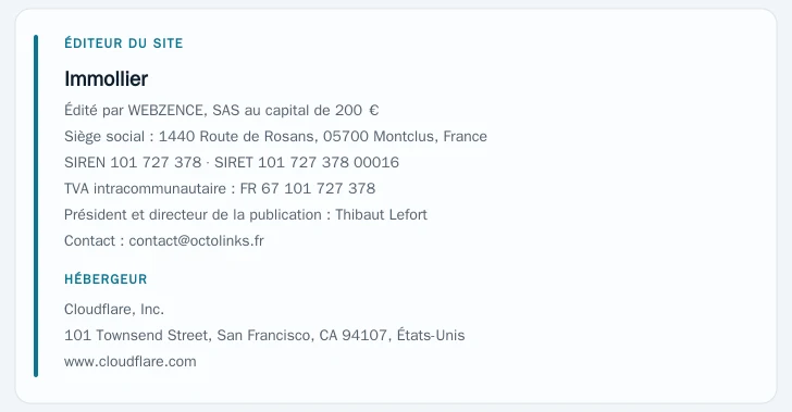 Coordonnées légales de l&rsquo;éditeur et de l&rsquo;hébergeur du site