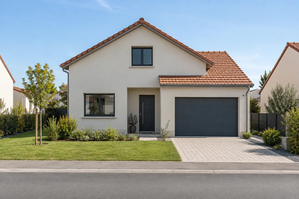 Façade d’une maison neuve de lotissement avec garage et petit jardin engazonné