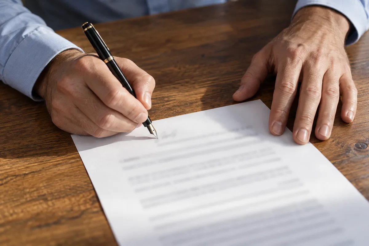 Mains d’un homme en chemise bleu clair signant un document sur un bureau en bois