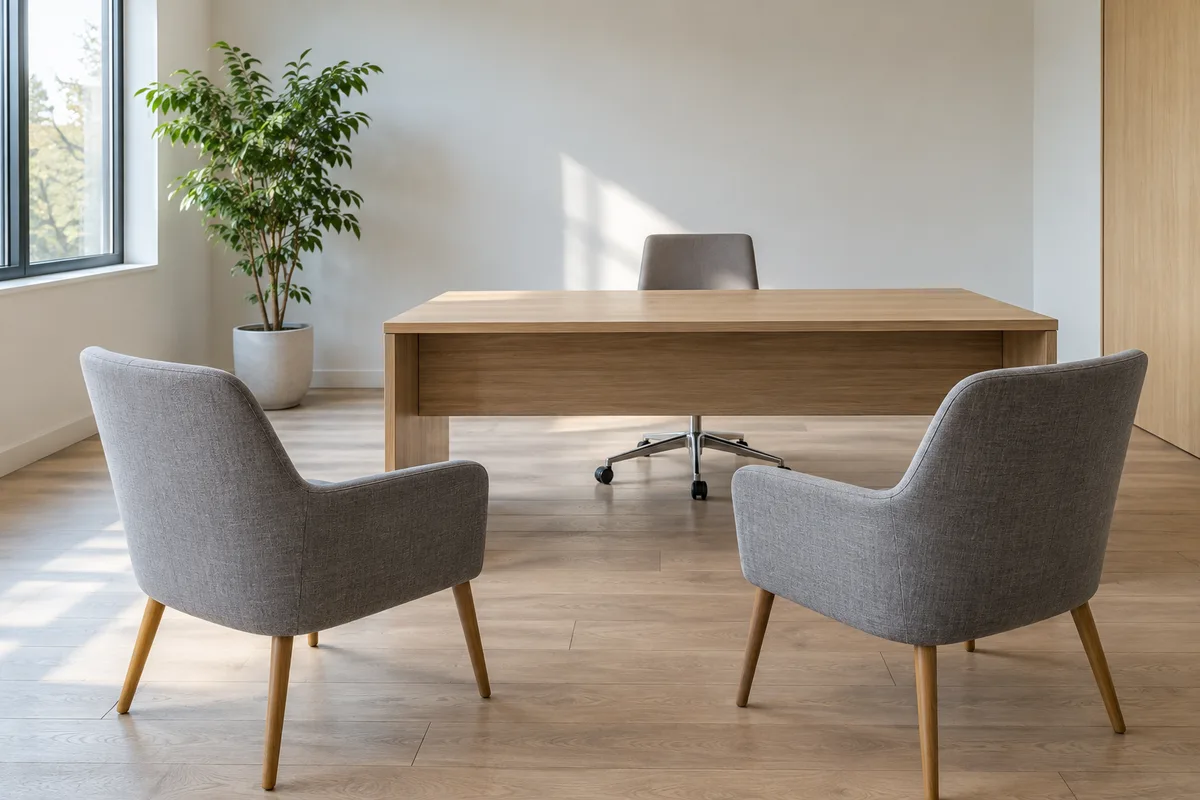 Deux fauteuils gris face à une table en bois dans un bureau clair avec une plante verte