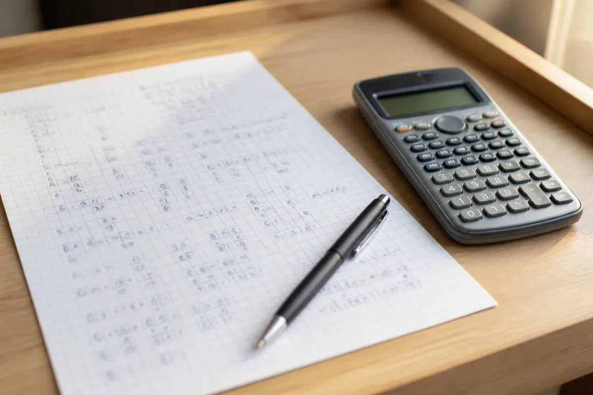 Plan de financement manuscrit et calculatrice posés sur un bureau clair