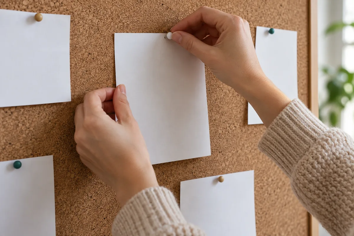 Mains d&rsquo;une femme en pull beige épinglant des feuilles vierges sur un tableau en liège