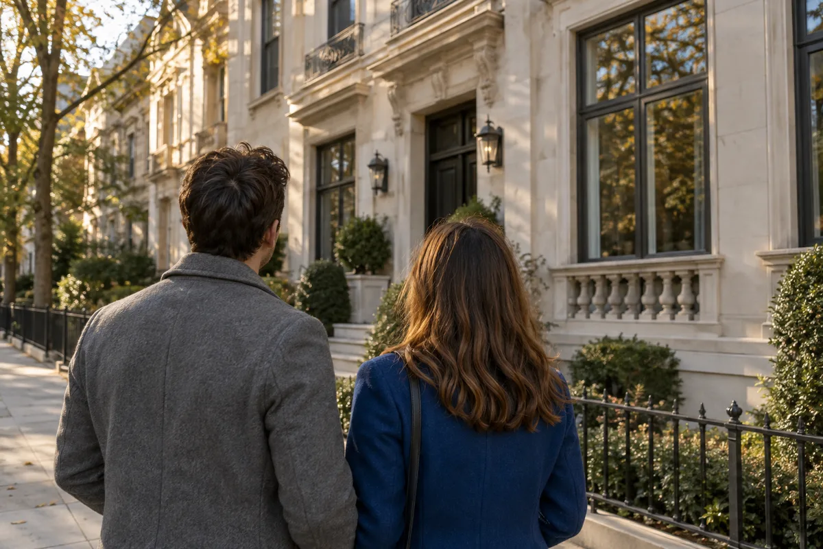Couple de dos en manteau gris et bleu observant la façade d&rsquo;une maison depuis le trottoir