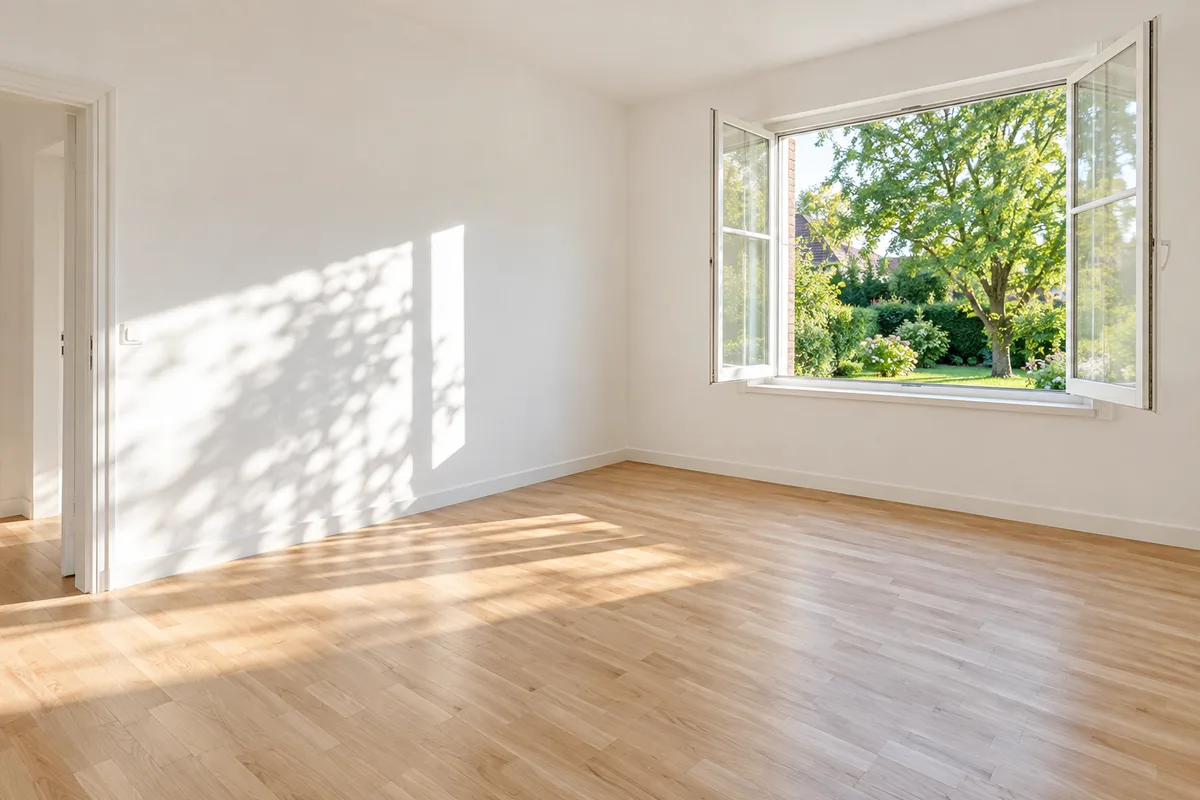 Chambre vide fraîchement repeinte en blanc avec parquet clair et fenêtre ouverte sur un jardin